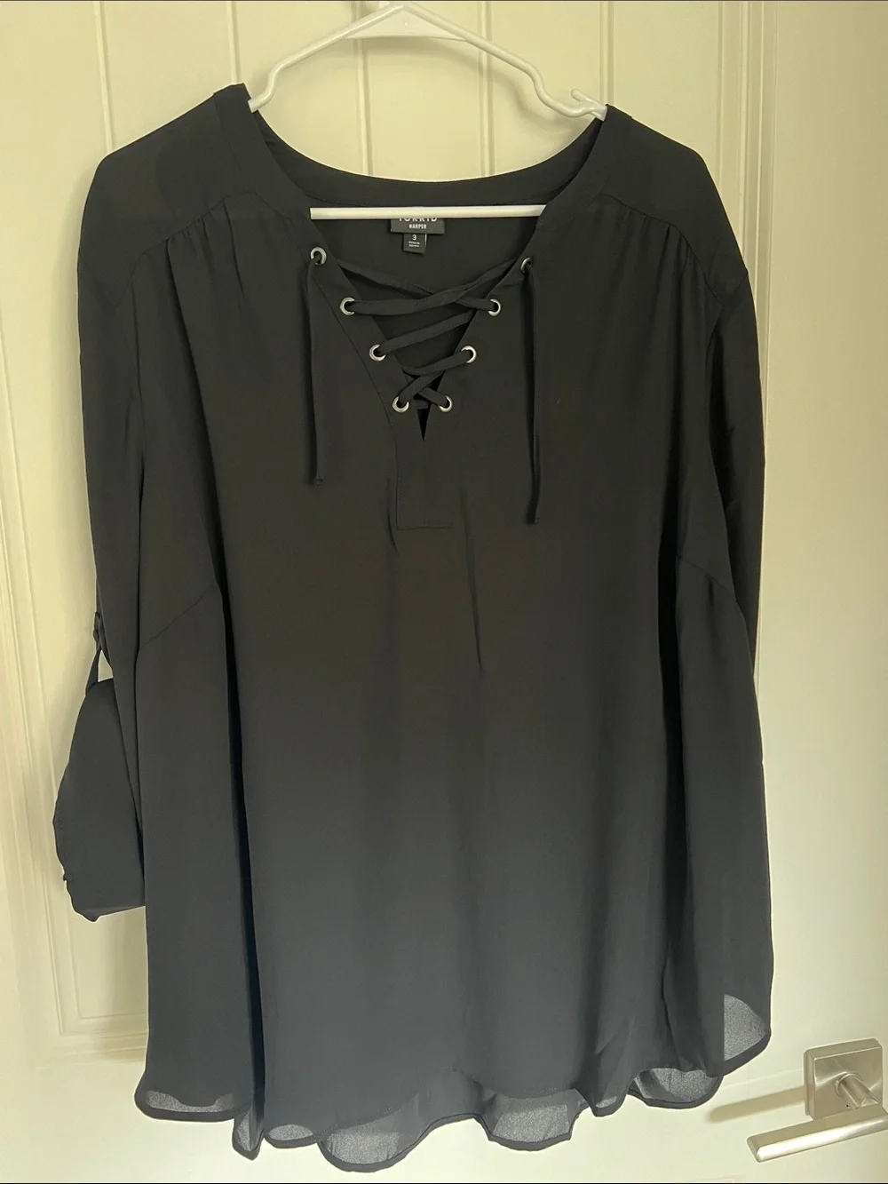torrid Black Lace-Up V-Neck Peasant Blouse - Picture 2 of 4